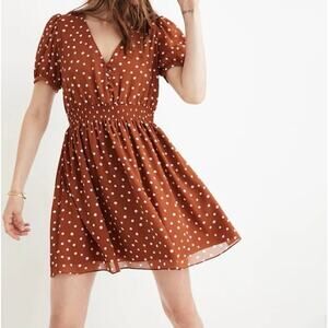 Madewell Inkspot Dots Smocked Waist Mini Dress Medium Women’s Burnt Clay L3392
